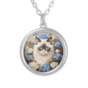 Ragdoll Cat With Blue Hydrangea Flowers Silver Plated Necklace