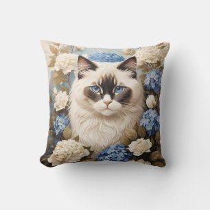 Ragdoll Cat With Blue Hydrangea Flowers Throw Pillow