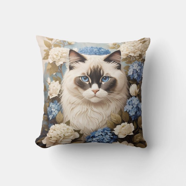 Ragdoll Cat With Blue Hydrangea Flowers Throw Pillow (Front)