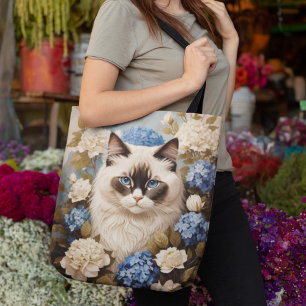 Ragdoll Cat With Blue Hydrangea Flowers Tote Bag