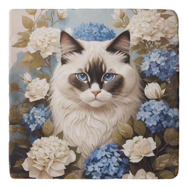 Ragdoll Cat With Blue Hydrangea Flowers Trivet (Front)