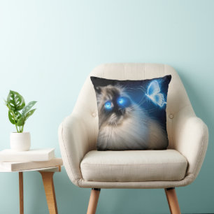 Ragdoll Cat With Blue Neon Butterfly Throw Pillow