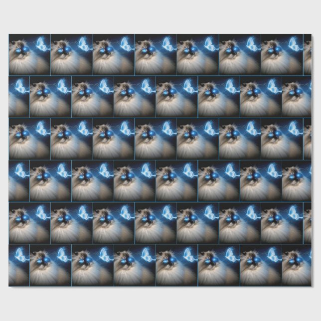 Ragdoll Cat With Blue Neon Butterfly Wrapping Paper (Flat)