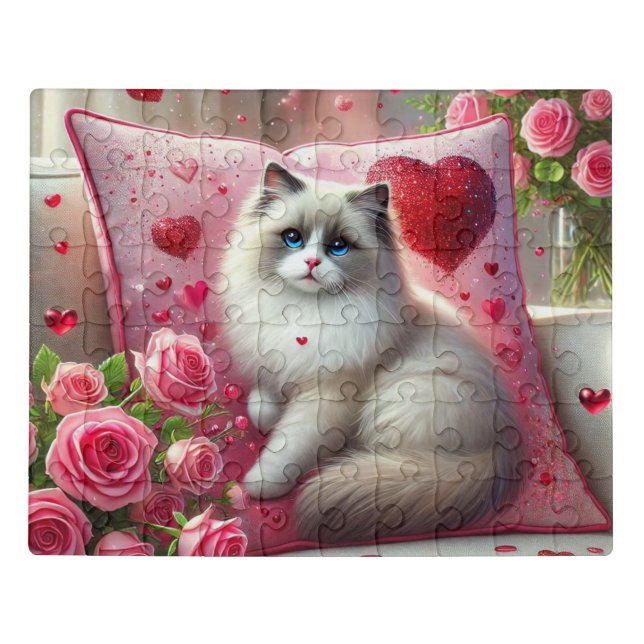 Ragdoll Cat with Hearts Pink Roses Valentine's Day Jigsaw Puzzle (Puzzle Horizontal)