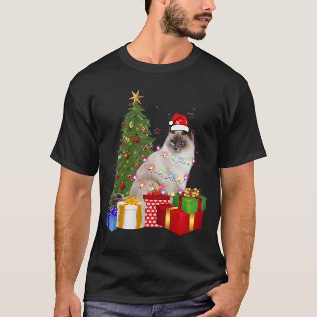 Ragdoll Cat With Santa Hat Christmas Tree Light T-Shirt (Front)