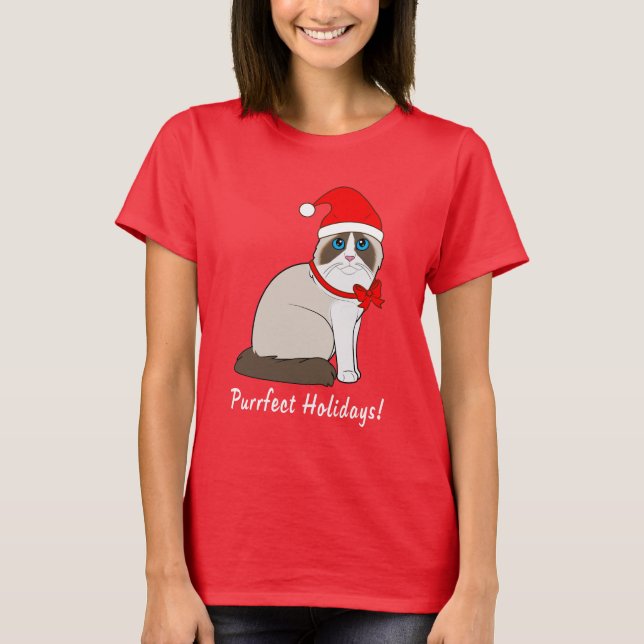 Ragdoll Cat with Santa Hat Purrfect Holidays! T-Shirt (Front)