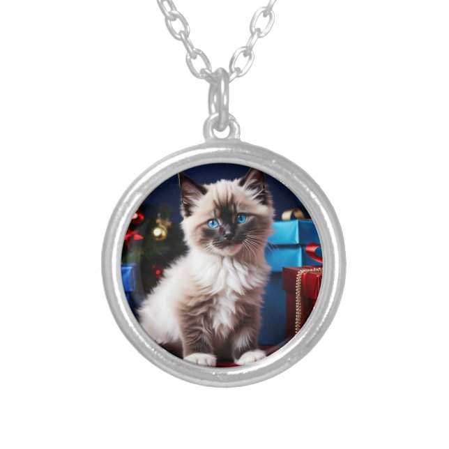 Ragdoll Kitten Christmas Present  Silver Plated Necklace (Front)