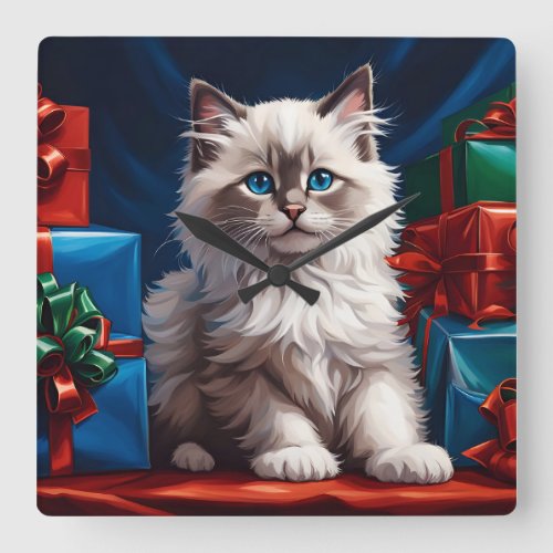 Ragdoll Kitten Christmas Present  Square Wall Clock