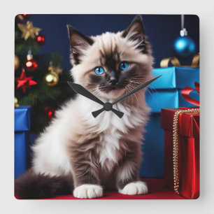 Ragdoll Kitten Christmas Present  Square Wall Clock