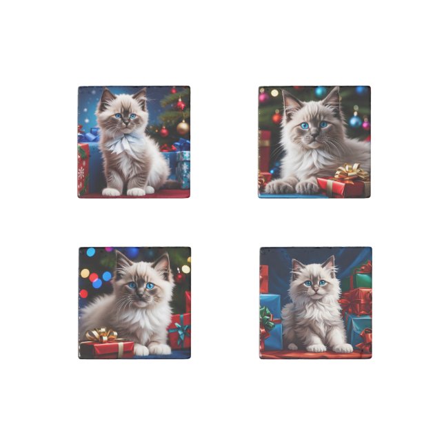 Ragdoll Kitten Christmas Present  Stone Magnet (Front)