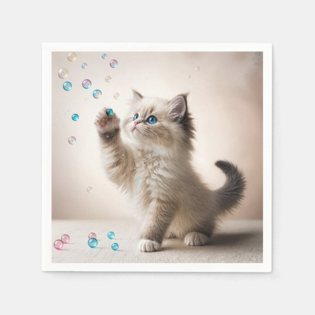Ragdoll Kitten Playing With Bubbles Napkins (Front)