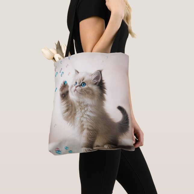 Ragdoll Kitten Playing With Bubbles Tote Bag (Close Up)