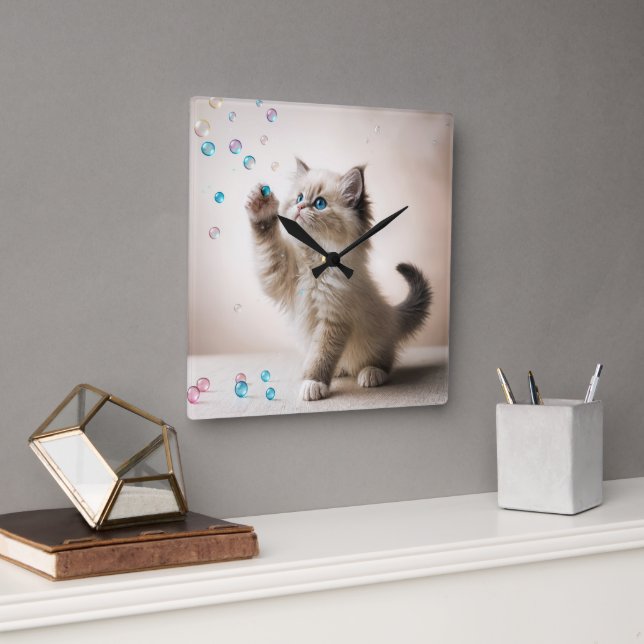 Ragdoll Kitten Playing With Soap Bubbles Square Wall Clock (Office)