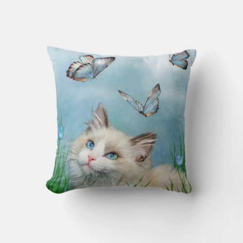 Ragdoll Kitty And Butterflies Art Decorator Pillow