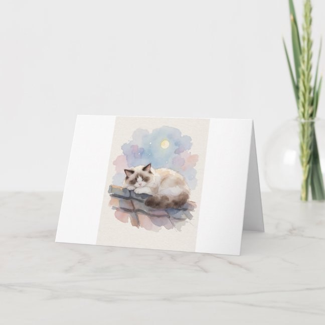 Ragdoll Sleeping On The Moonlit Rooftop Greeting C Card