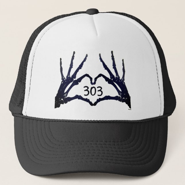 RAGE 303worldwide Heart Skull Hands Logo Trucker Hat (Front)