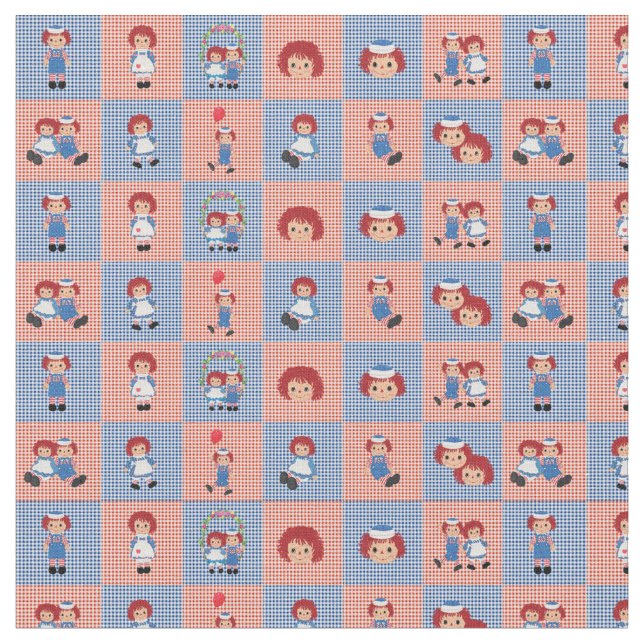 Raggedy Ann and Andy Gingham on Checkerboard Fabric (Close Up)