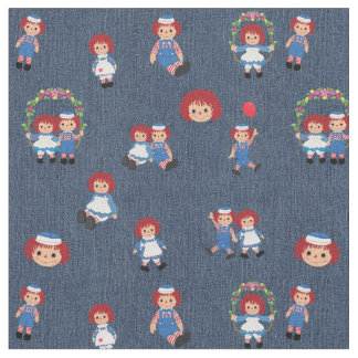 Raggedy Ann and Andy on Blue Denim Fabric