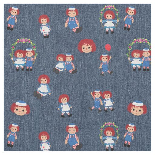 Raggedy Ann and Andy on Blue Denim  Fabric