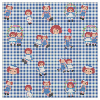Raggedy Ann and Andy on Dark Blue Gingham Fabric