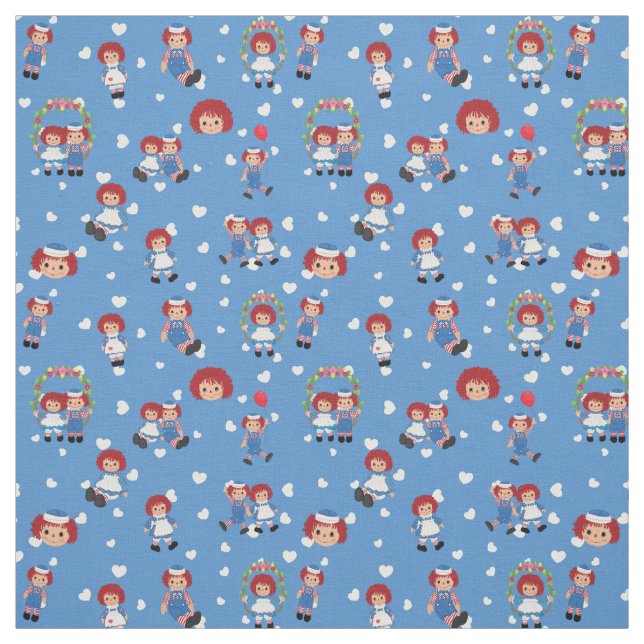 Raggedy Ann and Andy on Falling Hearts on Blue Fabric (Swatch)