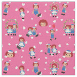 Raggedy Ann and Andy on Falling Hearts on Pink Fabric