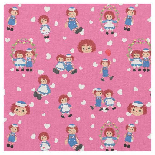 Raggedy Ann and Andy on Falling Hearts on Pink Fabric