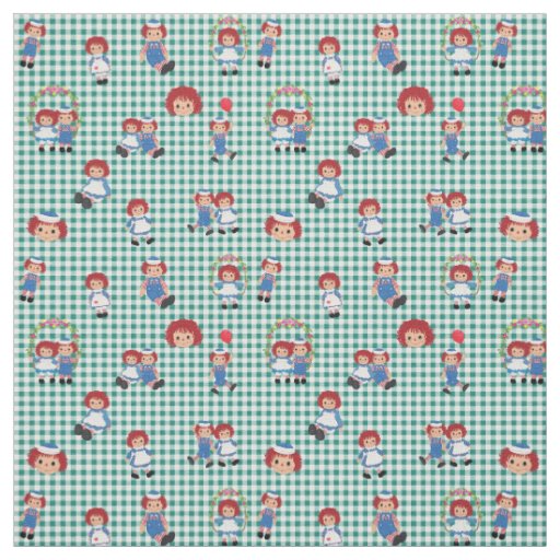 Raggedy Ann and Andy on Green Gingham Fabric
