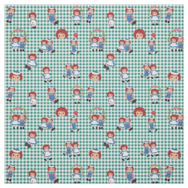 Raggedy Ann and Andy on Green Gingham Fabric (Swatch)