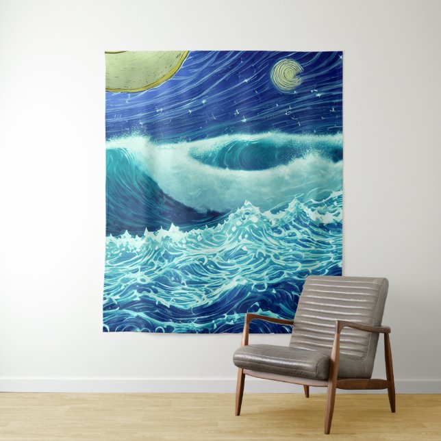 Raging Waves Blue Ocean Night Tapestry (In Situ)