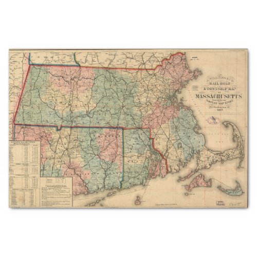 Rail Road Map of Massachusetts 1879 Decoupage Tissue Paper