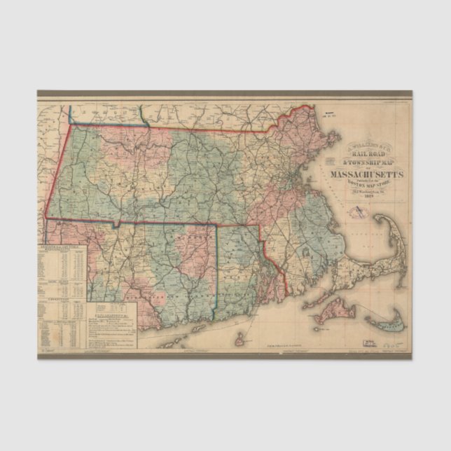 Rail Road Map of Massachusetts, 1879 Decoupage Tissue Paper (Front)