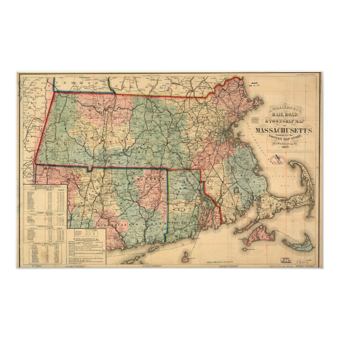 Rail Road & Township Map of Massachusetts, 1879 Photo Print Zazzle