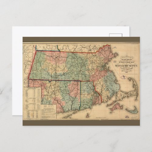 Rail Road  Township Map of Massachusetts 1879 Postcard