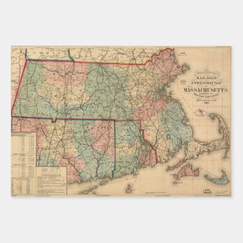 Rail Road  Township Map of Massachusetts 1879 Wrapping Paper Sheets