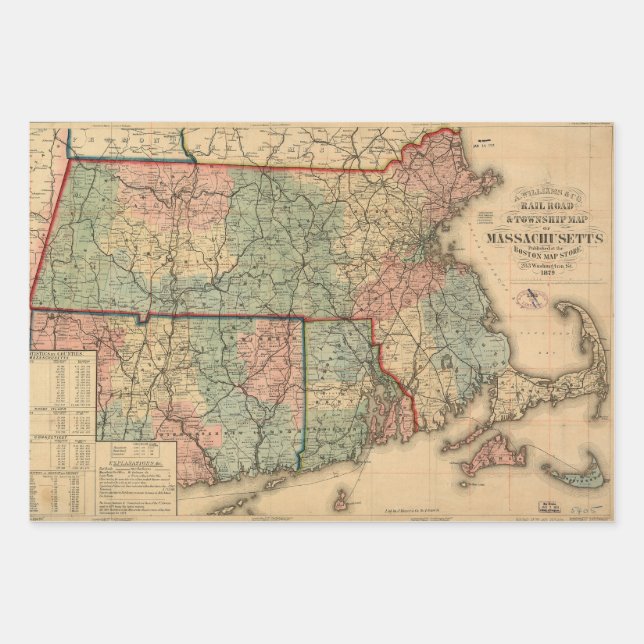 Rail Road & Township Map of Massachusetts, 1879 Wrapping Paper Sheets (Front)