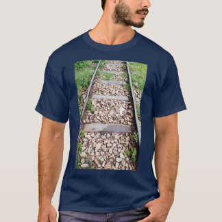 Rail track with metal sleepers and ballast stones T-Shirt