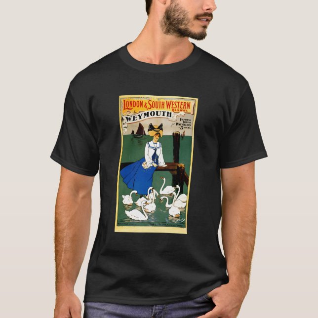 Railroad Advertiset London Weymouth Feeding Swans T-Shirt (Front)