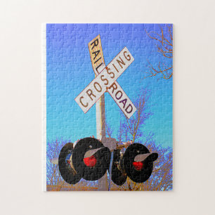 Railroad Crossing With Bent Crossbuck Jigsaw Puzzle
