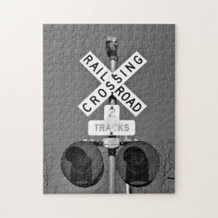 Railroad Crossing With Mechanical Bell in B&W Jigsaw Puzzle