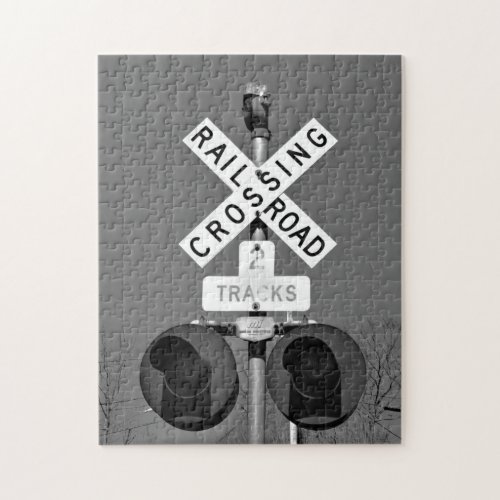 Railroad Crossing With Mechanical Bell in BW Jigsaw Puzzle