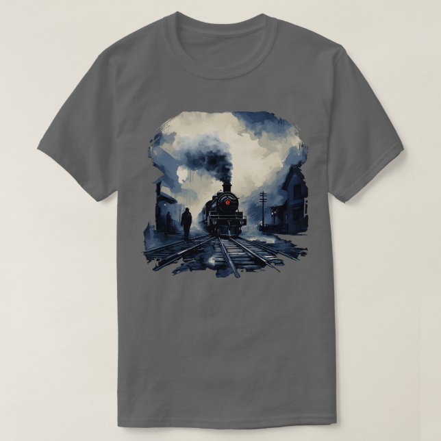Railroad station scene steam locomotive T-Shirt (Design Front)
