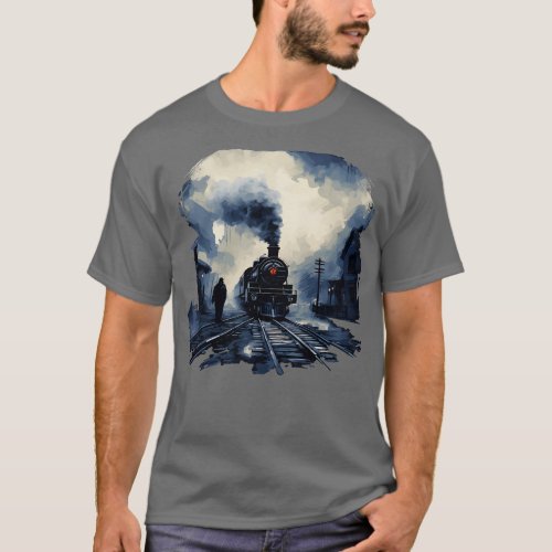 Railroad station scene steam locomotive T_Shirt