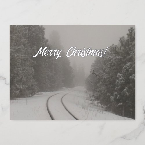 Railroad Track in Snowy Woods Merry Christmas  Foil Holiday Postcard