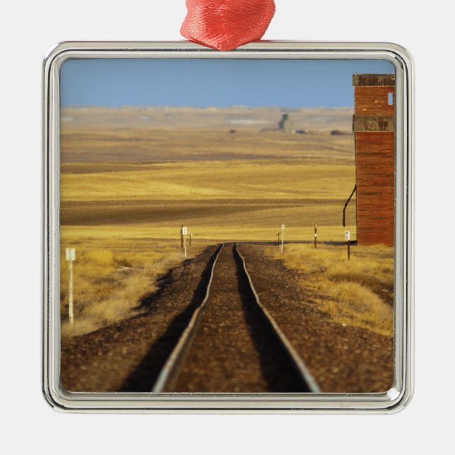 Railroad tracks lead to old granary at Collins Metal Ornament (Front)