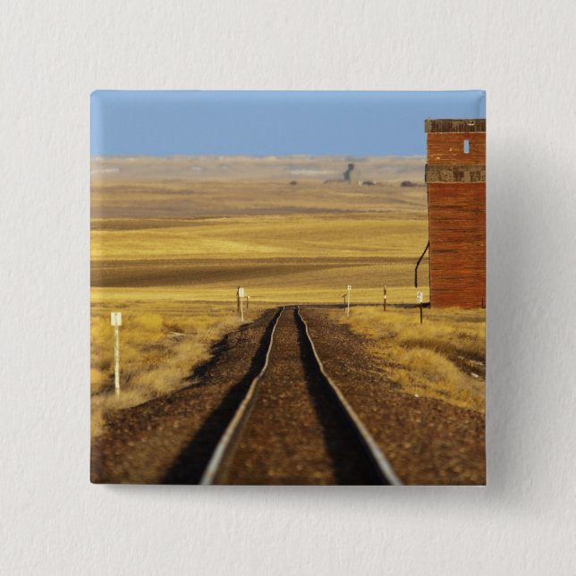 Railroad tracks lead to old granary at Collins Pinback Button (Front)
