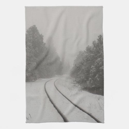 Railroad Tracks Winter Fog Photo Kitchen Towel