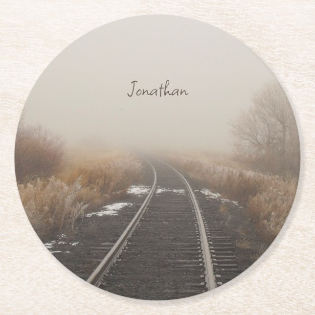Railroad Tracks Winter Landscape Personalized Round Paper Coaster (Front)