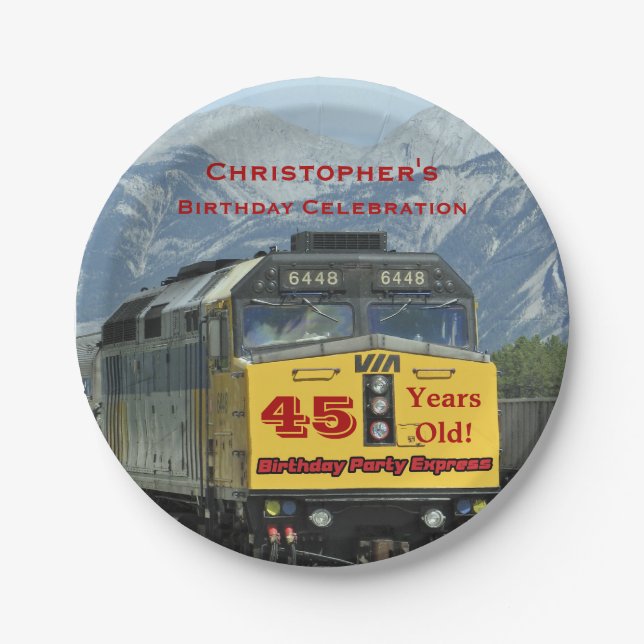 Railroad Train 45th Birthday Name Round or Square Paper Plates (Front)