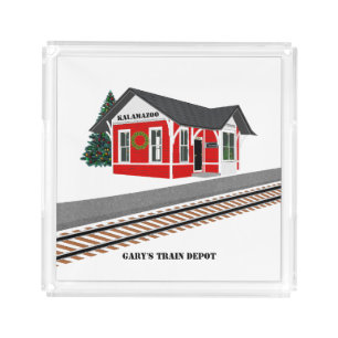 Railroad Train Depot Christmas Square Acrylic Tray